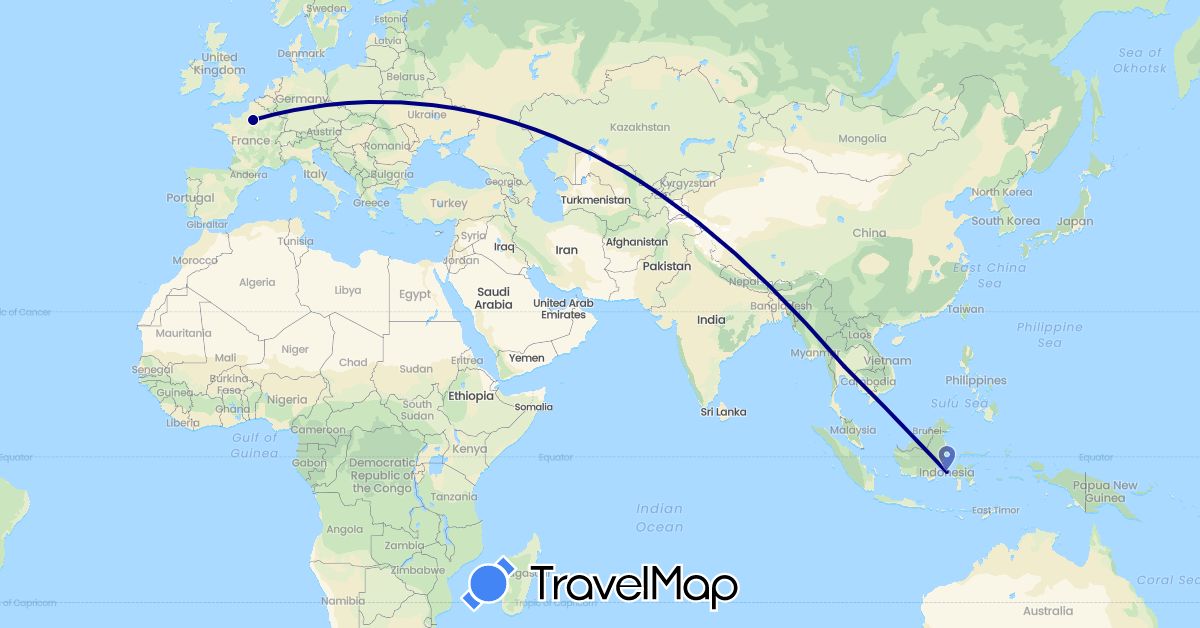 TravelMap itinerary: driving in France, Indonesia, Thailand (Asia, Europe)